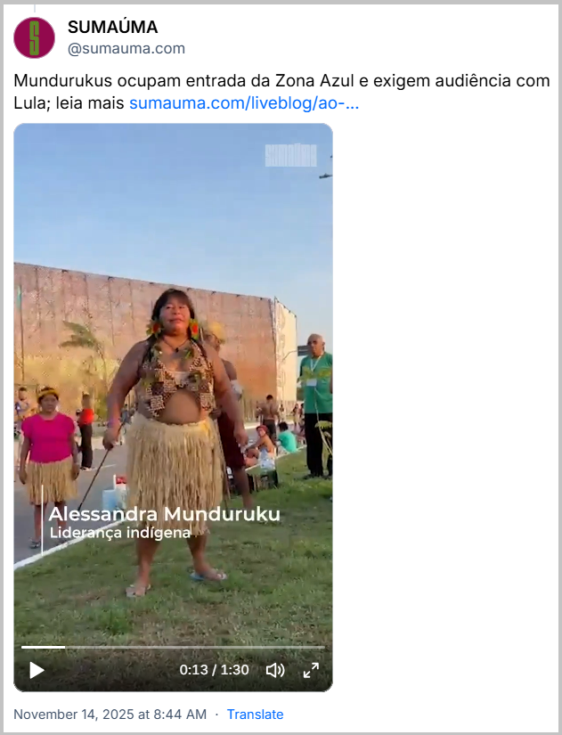 Post de Sumaúma (‪@sumauma.com‬) com o texto: Mundurukus ocupam entrada da Zona Azul e exigem audiência com Lula; leia mais em: (link no final do texto) (post contem um video)