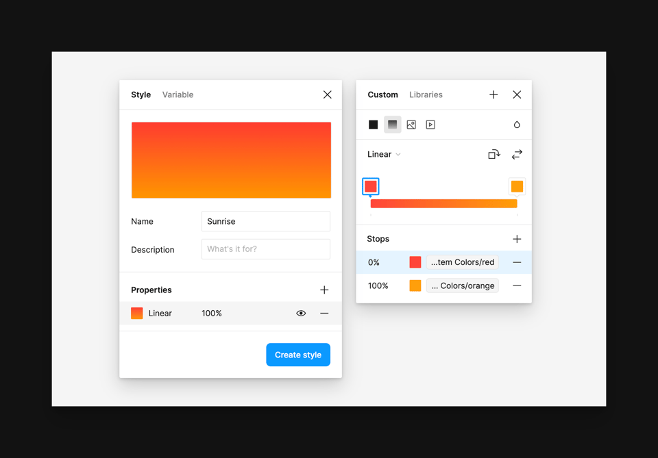 Figma's new gradient panel design, where to the left of it is the modal to save the gradient as a style.