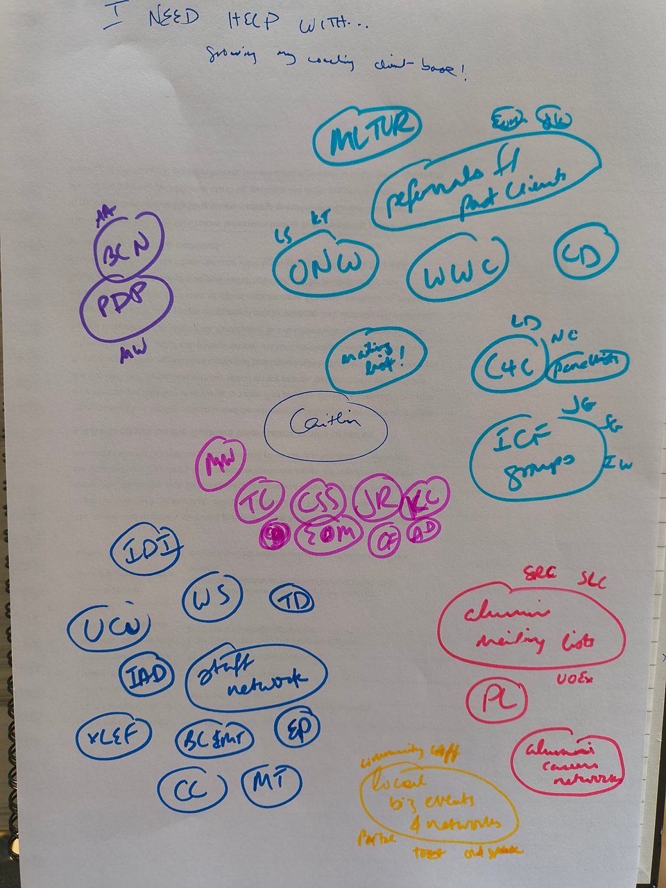 A diagram titled "I need help with...growing my client base!" with different coloured circles representing people or organisations in different parts of Caitlin's life where she can ask for help.