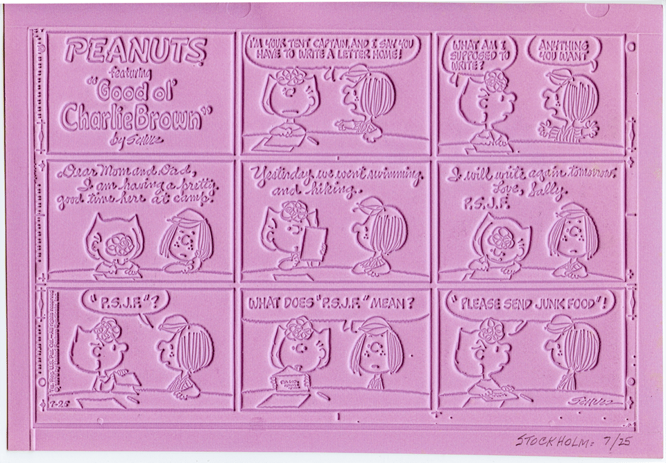 Purple flong or mat material (printing mold) from the 1970s shown downward debossing of a comic strip from July 25, 1976: Sally and Peppermint Patty are talking about a letter Sally is writing home from summer camp