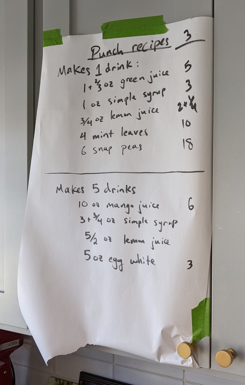 A poster with two recipes on it, the first making 1 drink and the second making 5