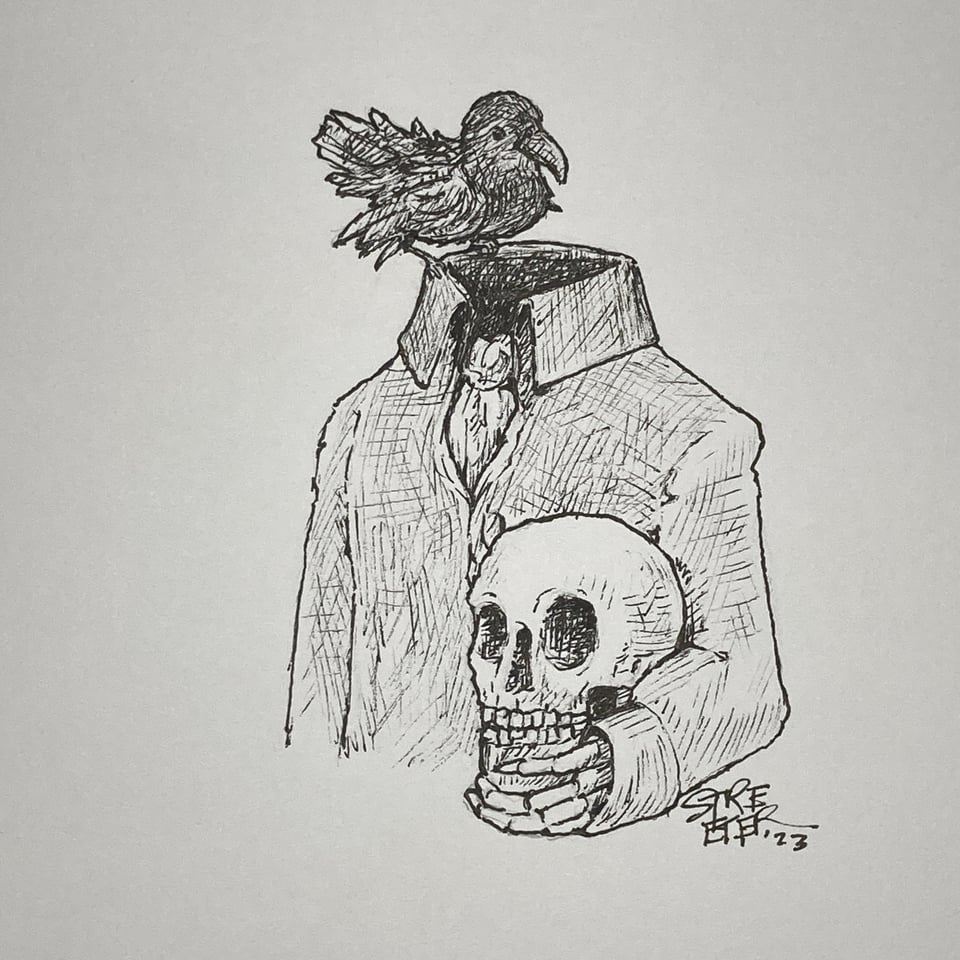 Ink drawing of a figure with no head holding their skull in their arm, while a raven perches on the collar of their coat