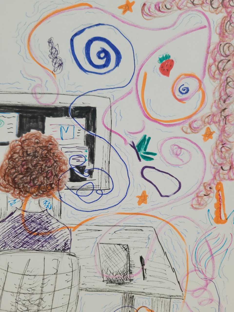 detailed look of an illustration of a person sitting at a computer with fae swirls of color around them