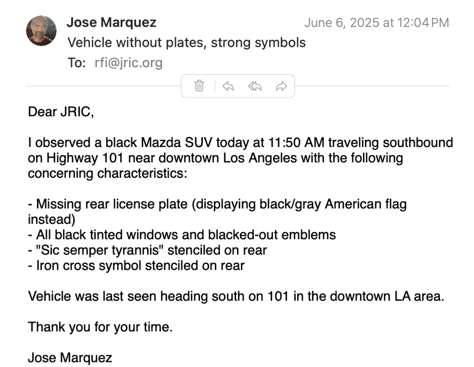 screenshot of an email the author sent to LEO last FrI about a white nationalist vehicle