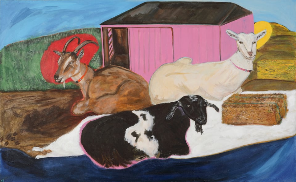 a painting with three goats - one brown, one black and one white sit outside in different weather