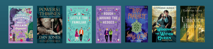 Book covers of Violet Thistlewaite is Not A Villain Anymore, Power and Thrones, A Little Too Familiar, Rough Around the Hedges, Small Gods, Wooing the Witch Queen, and The Unicorn Hunters.