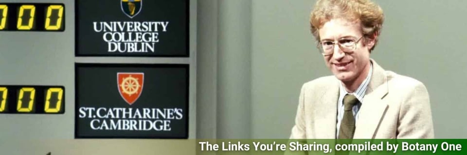 Bamber Gascoigne, the OG host of University Challenge, looks to the camera.