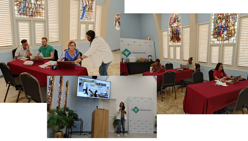 Pictures of the Wikipedia workshop, with Ginelly standing in front on the stage to explain how we will contribute to Wikipedia, and Ricardo and Ginelly from Wikipedia explaining two workshop participants what they should do next. In the last picture there are three workshop participants working on adding their contributions on their laptops. The workshop took place in the maria convent chapel at the university of aruba, so there are church windows with lead paintings in the background present.