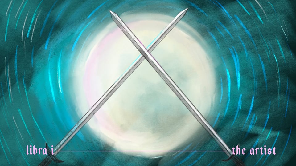 An image of two swords haloed by the moon.