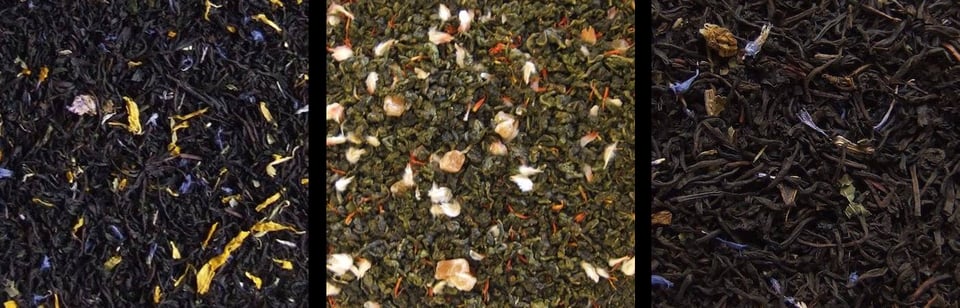 triptych of Black & Blue Monk house black tea blend leaves, Watermelon Oolong tea leaves, and Blueberry black tea leaves