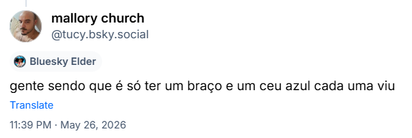 Post de mallory church (‪@tucy.bsky.social‬) :

gente sendo que é só ter um braço e um ceu azul cada uma viu