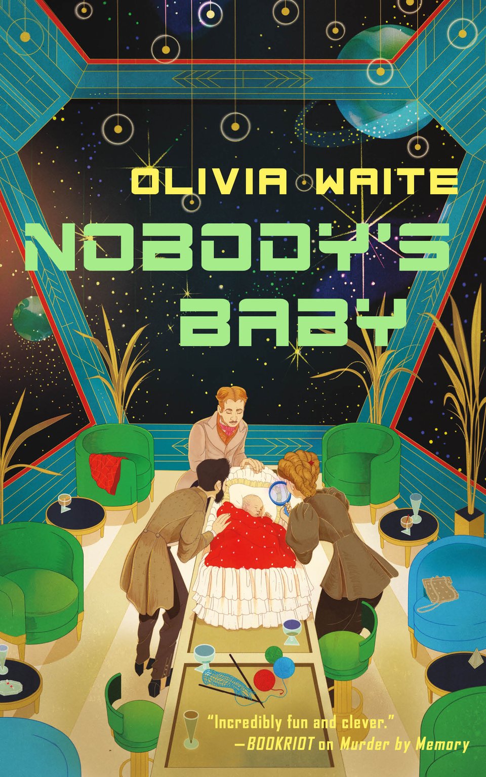 A cozy vintage cocktail bar in deep space: tall windows with stars and planets, glowing pendant lamps, cozy chairs abound. Two men and a woman in antique jackets are peering down at a baby in a basket on the cocktail bar; the woman is facing away and is holding up a magnifying glass.
