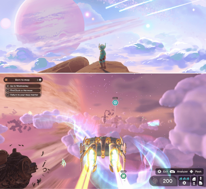 Collage of early concept art of the sky with lots of pastel blues and pinks above our 1.0 sky with light, but not pastel shades of pinks and oranges.