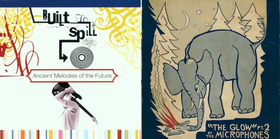 First pic: In the middle of a white background is a black and white photo of a man holding a guitar on his shoulder so that the body of it obscures his head and the neck of it shoots out from his back. Second pic: A cartoonish drawing of an elephant in a forest using its trunk to put out a campfire. The drawing has a kind of 1920s style to it. You could easily imagine it as a piece of 1920s animation.