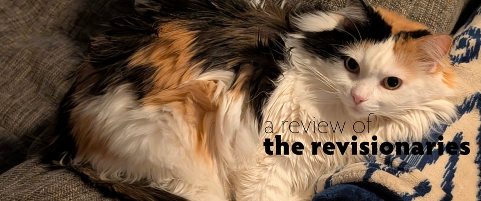 A photo of a shockingly cute cat with the text “A review of the Revisionaries” on it