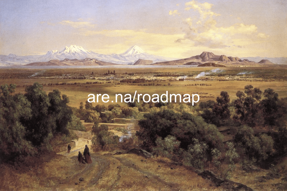 A landscape painting of what looks like the American old west, with the words are.na/roadmap overlaid.