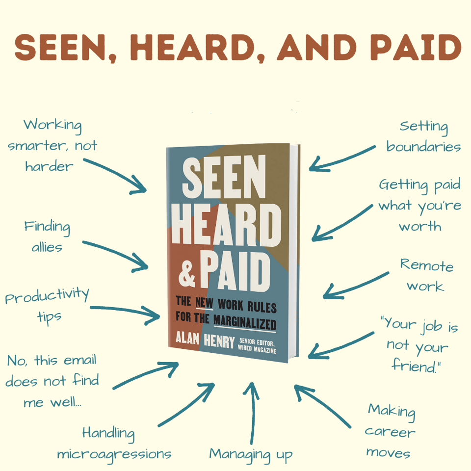 The book cover for Seen, Heard, and Paid: The New Work Rules for the Marginalized, which I wrote. There are arrows pointing to the book with captions for things you'll learn by reading it, including "Setting boundaries," "Getting paid what you're work," "Remote work," "Your job is not your friend," "Making career moves," "Managing up," "Handling microaggressions," "No, this email does not find me well," "Productivity tips," "Finding allies," and "Working smarter, not harder."
