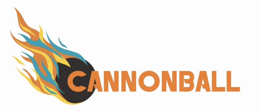 orange text that reads CANNONBALL in all caps, with the image of a black cannonball with orange, yellow, and blue flames coming off of it.