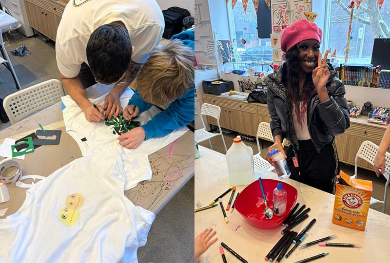 A collage of two images depicting art activities. On the left, an adult and child lean over a T-shirt they are painting. On the right, a woman smiles and flashes a peace sign in front of the ingredients for slime.