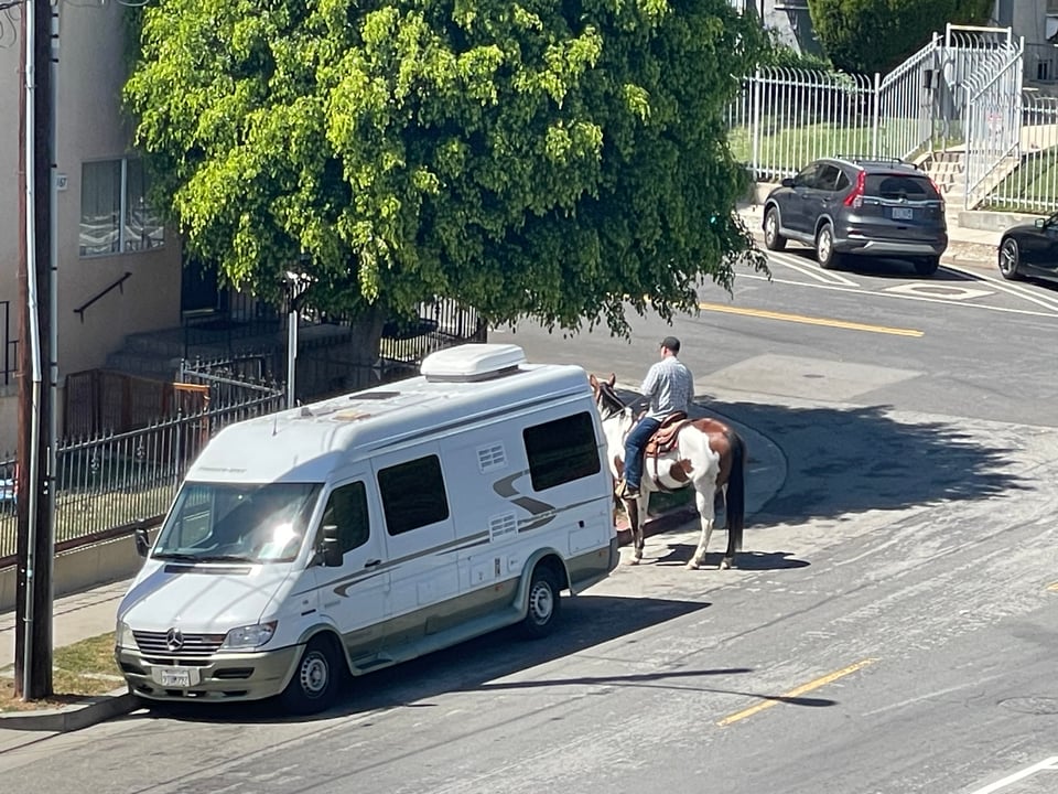 A man on a horse next to an RV on a residential street