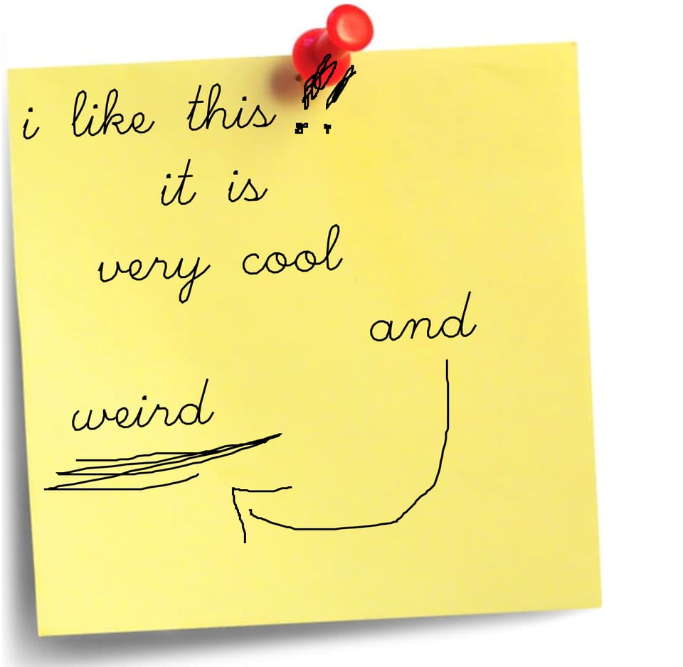 A yellow post it note that has a red pushpin sticking into its top. There is text written on the post it note in a font that looks like bubbly, curved handwriting. The text reads "i like this!! it is very cool and weird". The two exclamation points are not rendered in the font -- they appear to have been hand-drawn. The word "weird" is underlined in several scribbled lines, and there is a swooping arrow pointing from "and" to "weird".