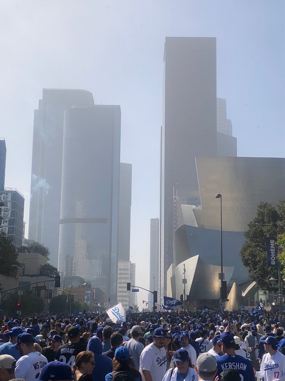 Dodgers fans crowded on Grand Ave. in downtown Los Angeles following the victory parade on Monday, November 3
