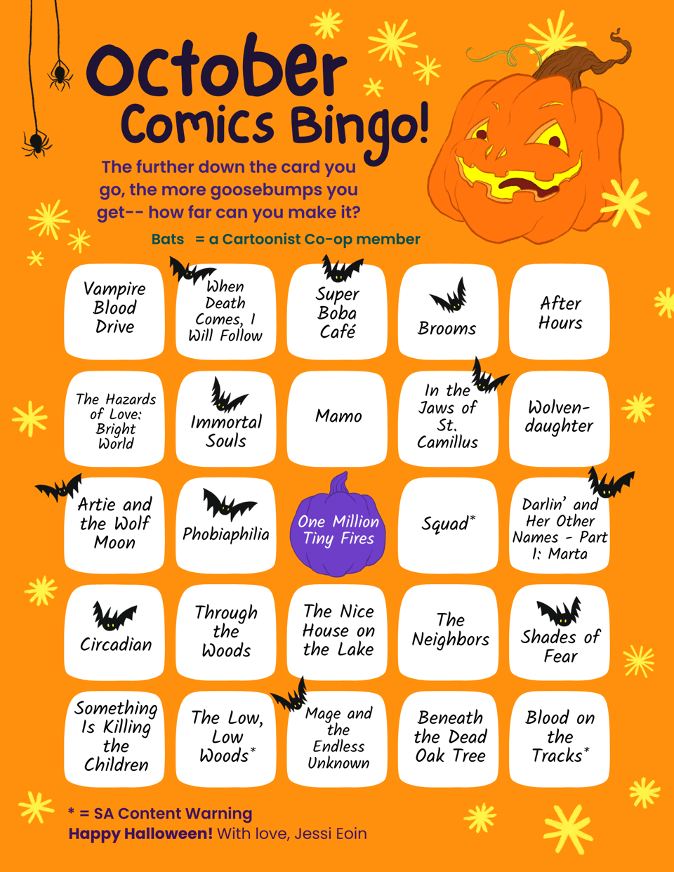 A colorful bingo card with a variety of horror and horror-adjacent comics on it. There are hand drawn illustrations around the card of a jack-o-lantern, spiders, and bats. Text reads,