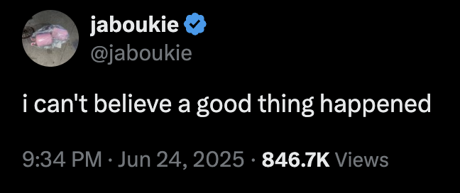 a tweet from jaboukie young-white that says "a good thing happened" posted on june 24 2025 (the night zohran mamdani won the democratic primary for mayor of NYC).