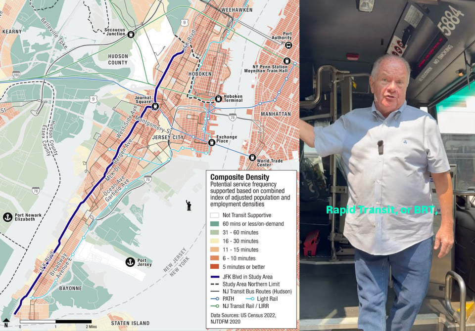 The left side shows a map Hudson County, highlighting of the first stage of the JFK Boulevard Bus Rapid Transit study, which follows JFK BLVD from the Southern Terminus in Bayonne to the border of Union City. The right side shows a screenshot of Hudson County Executive Craig Guy from a recent social media post on @hudcoinsta.