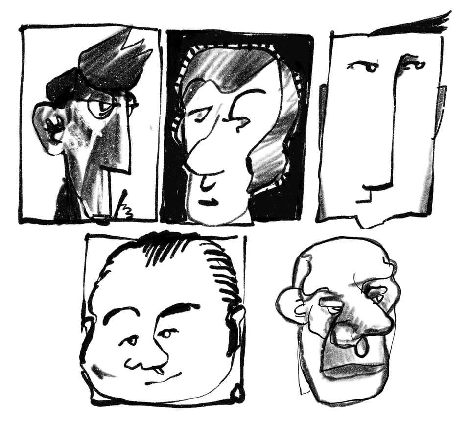 Five weirdly proportioned faces. Cartoon-like, shaded.