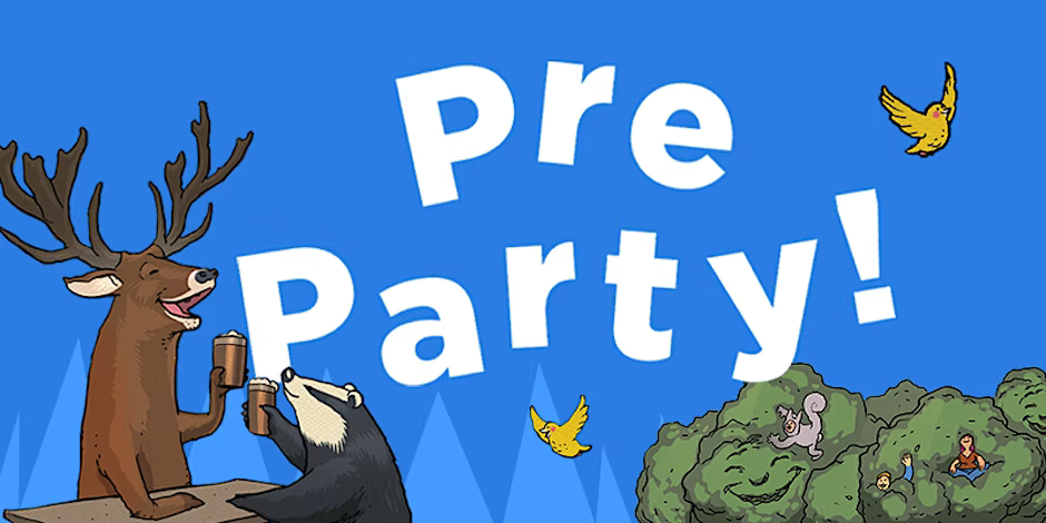 hoopla pre party banner showing animals toasting with a drink