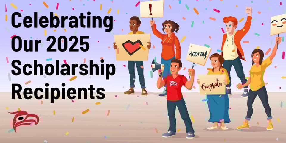 A graphic image of a crowd of diverse people holding signs of encouragement in celebration, with confetti falling around them. Text on the left reads: Celebrating our 2025 Scholarship recipients