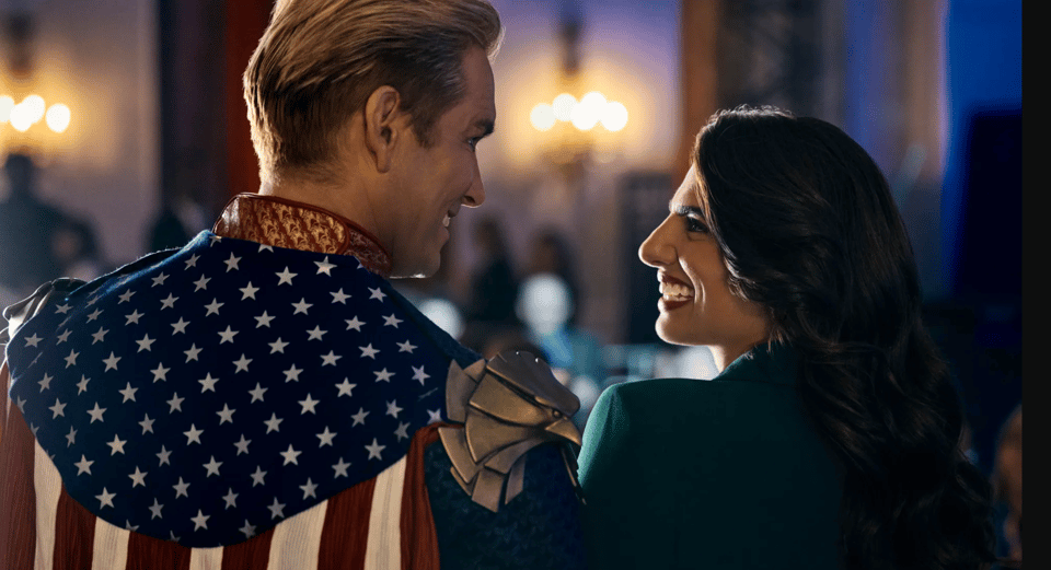 The Homelander and Victoria Neuman, smiling with their backs to us, from The Boys