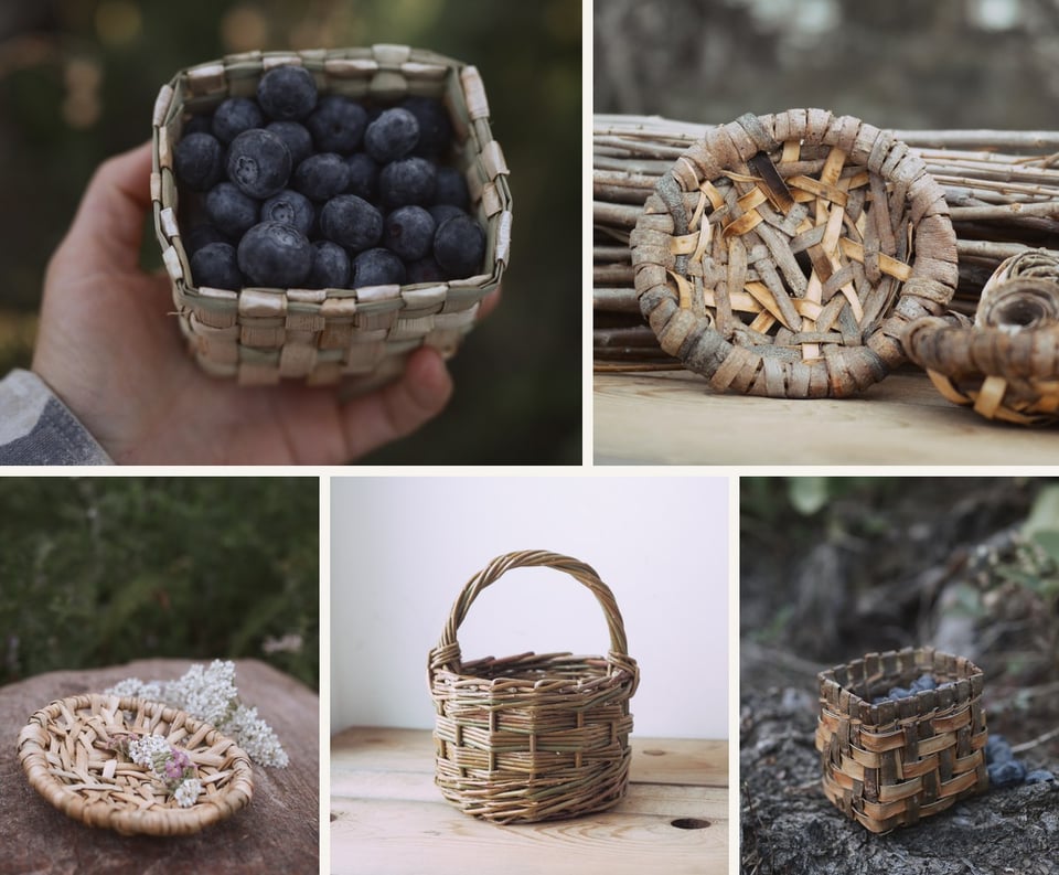 Five woven pieces: a cattail berry basket full of blueberries, a random weave willow bark bowl, a bulrush tray with yarrow, a willow berry basket, and a bark twill berry basket