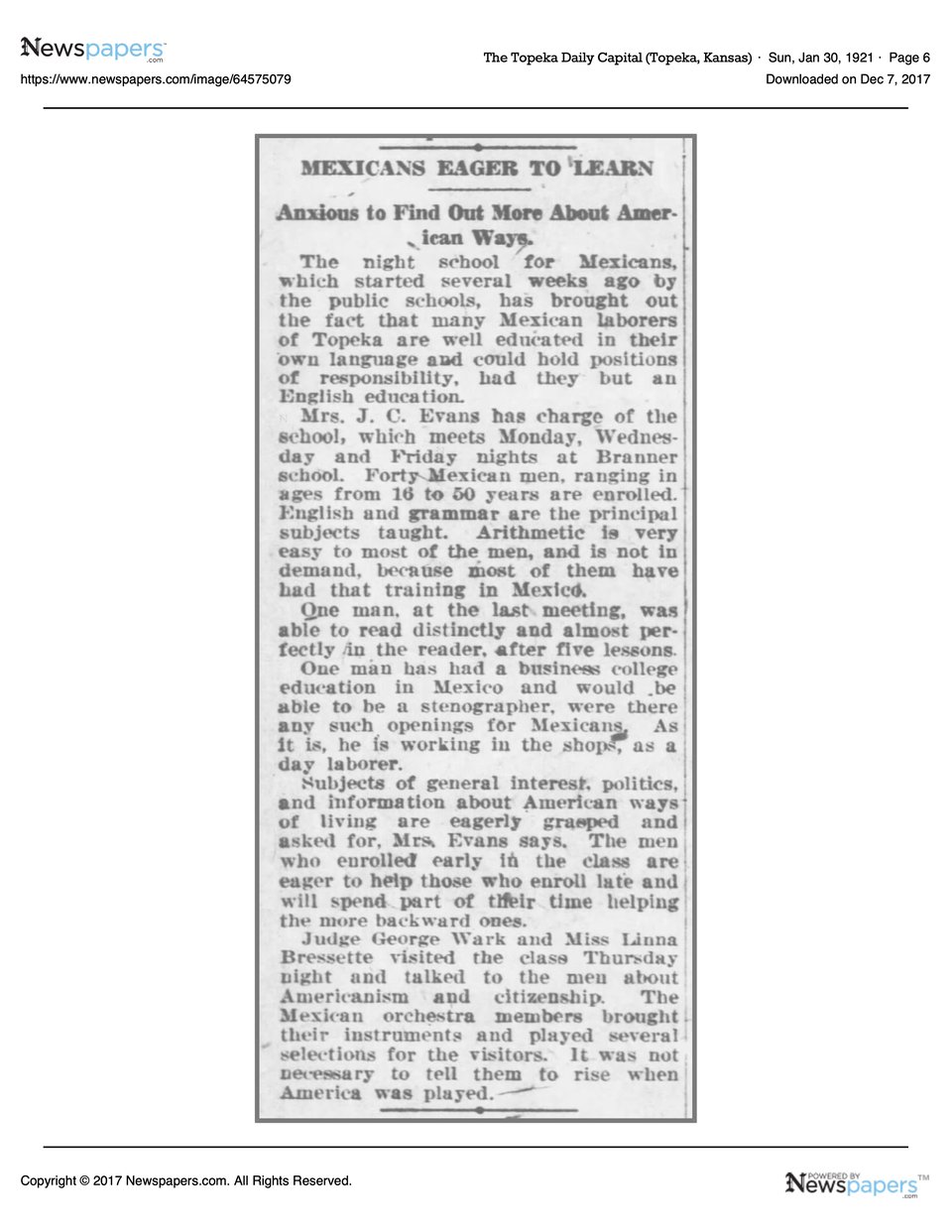 newspaper article from 1921 with title "eager to learn" about Mexican laborers who are smart and capable