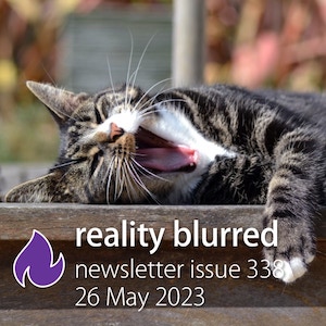 A yawning cat, and the words 'reality blurred newsletter issue 338, 26 May 2023'