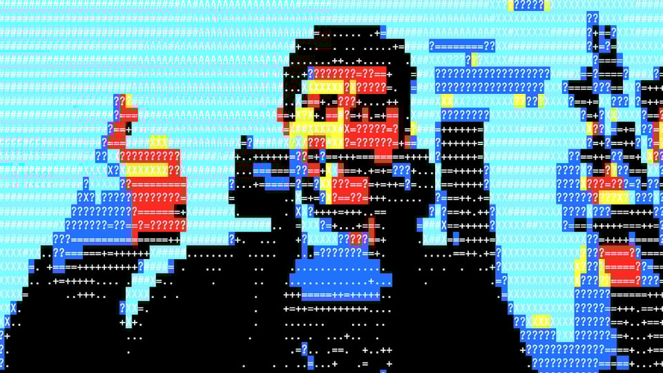 Luciano with a thumbs up in an camera ASCII art effect made with JavaScript