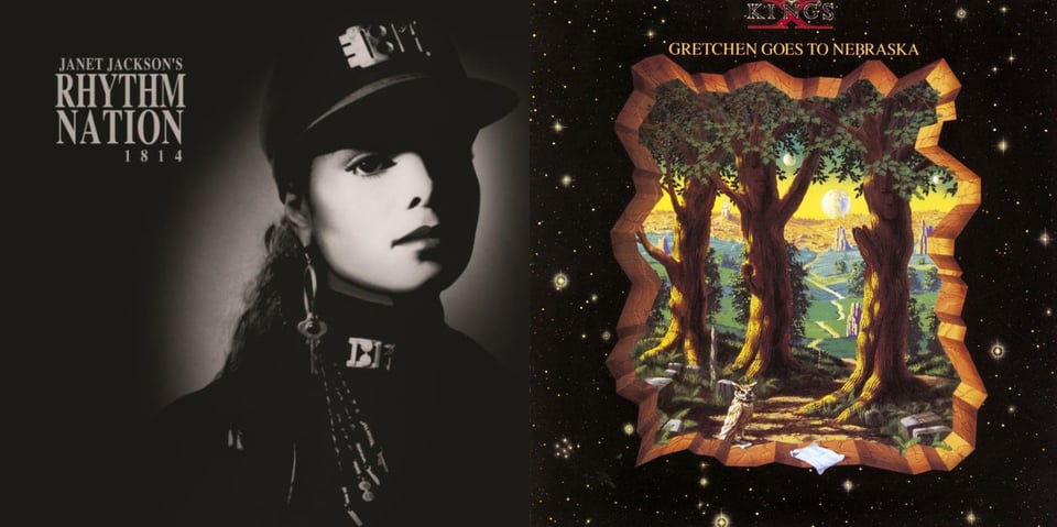 First pic: A black and white photo of Janet Jackson, a beautiful young Black woman, from the shoulders up. She wears a black cap, and a jacket with a military-style collar. The hat and the collar both have a metal plate that read 1814. She wears an a hoop earring with a key attached. She stares off to the right. Second pic: A black spacefield of stars, but a kind of portal has been punched through it. The edges of the portal suggest wood. Through the portal, we can see three big trees, suggesting a forest. An owl stands on the ground. Beyond the trees is a path that goes through a grassy field towards a desert even further back. On the horizon and in the sky are three moons. The grassy landscape is dotted with groupings of stone monoliths that suggest, or actually could be, tall buildings. I've driven through Nebraska, it doesn't look like this.