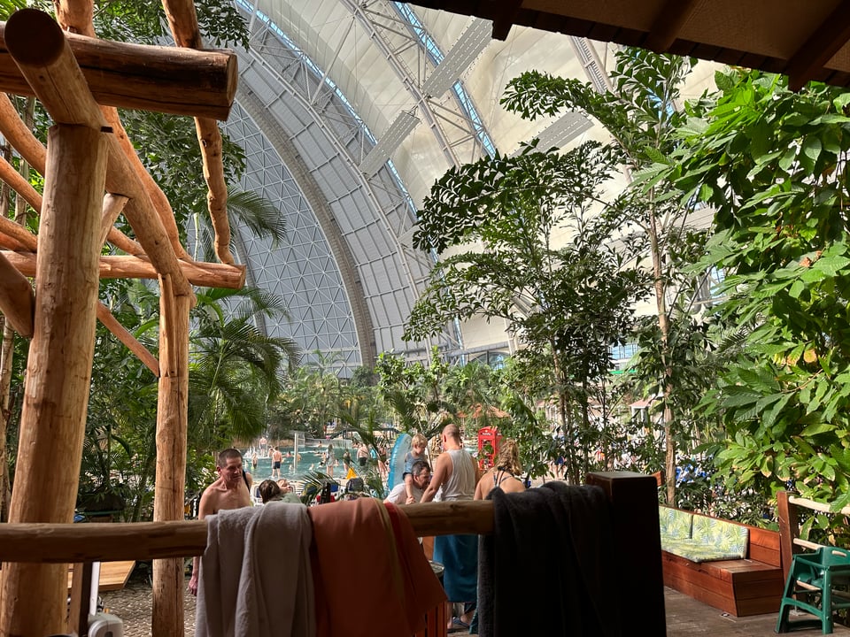 A portion of a cylindrical dome, from the interior. It is filled with wooden structures and tropical looking greenery. A swimming pool / pond is visible in the distance.