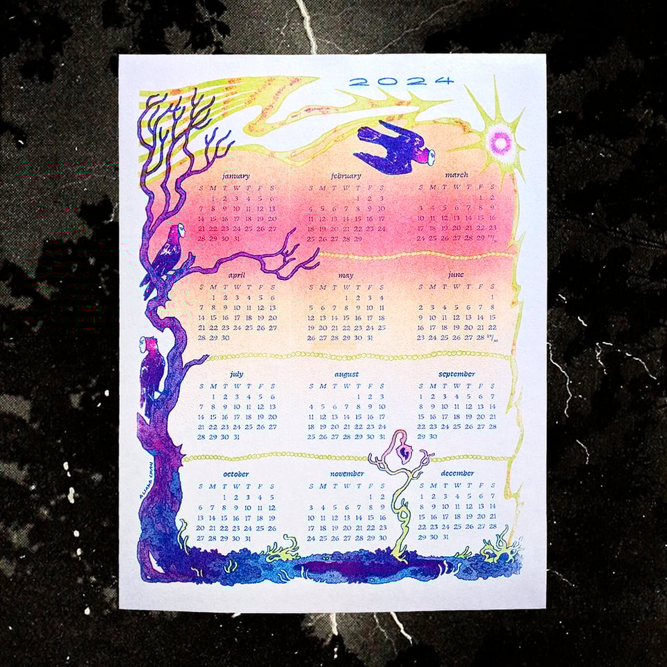 a riso printed 1-page calendar in bright pinks, lime green, and blues. a twisting tree grows up one side, and a shooting star strikes above. birds with mask-like faces perch & fly above, a fungi-like plant with a strange bud emerging below.