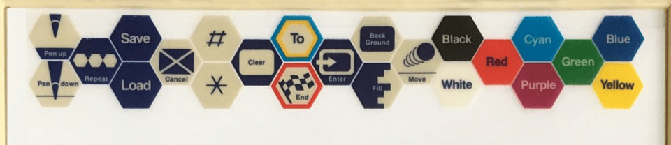 The mylar overlay for Leo's 'Lectric Paintbrush, which shows 15 function buttons and 8 colors buttons.