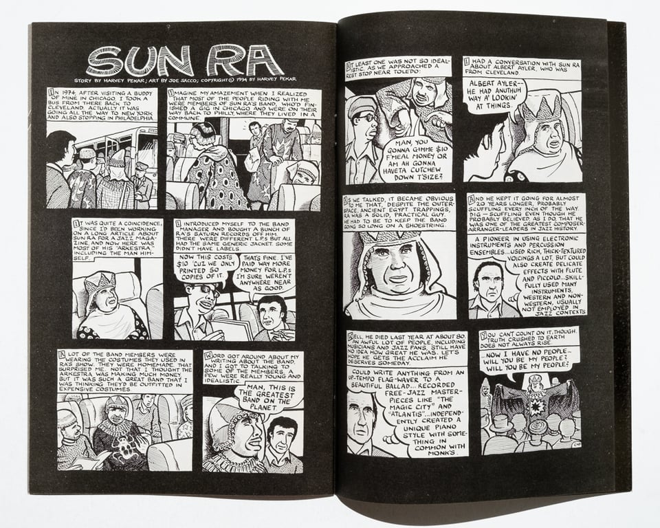 a two page spread about Sun Ra written by Harvey Pekar and illustrated by Joe Sacco