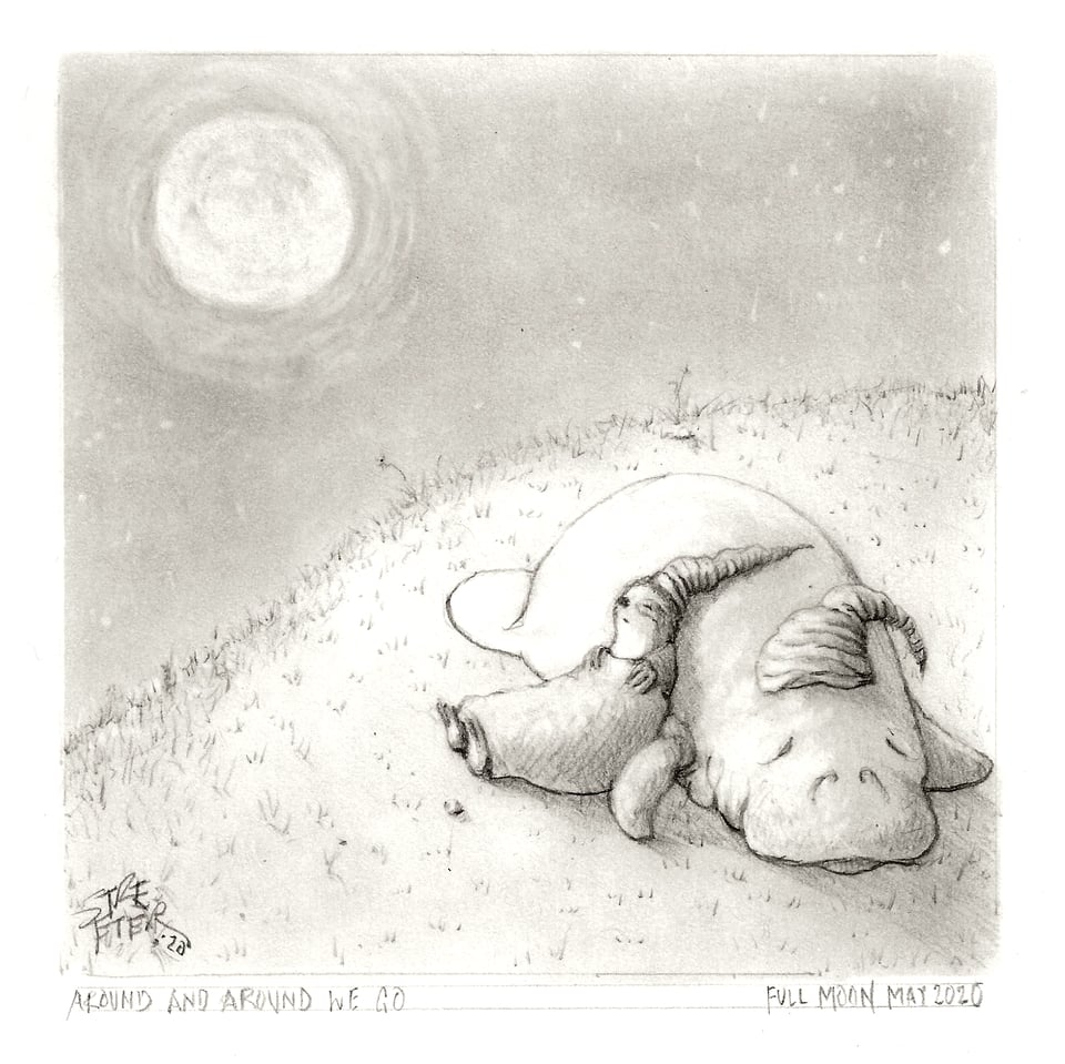 Sloth and Manatee napping under a full moon