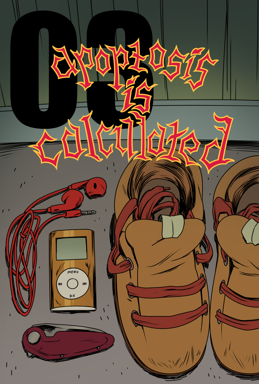 A title page featuring an orange ipod mini with red earbuds, a folded up dark red pocketknife, and yellow and red running shoes sit arranged on a dark porch. overlaid atop them are the words "APOPTOSIS IS CALCULATED".