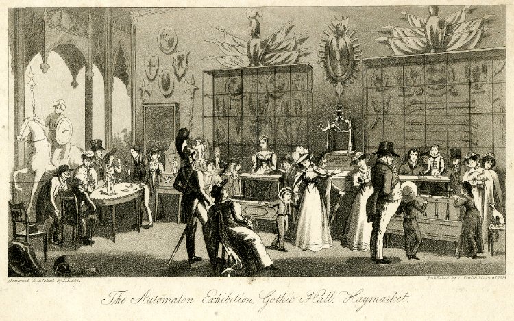 A black a white illustration of adults and children observing the work of early automatons in an exhibition hall.