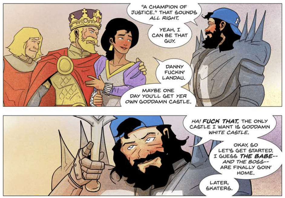 Panels from Medieval #5, Danny saying "later skaters" to King Arthur and crew