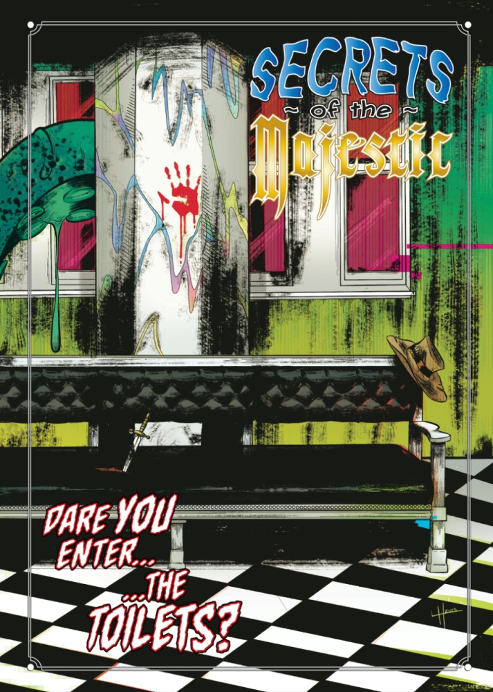 The cover of the Secrets of the Majestic anthology. An ominous bench sits on a black and white checkerboard floor.
