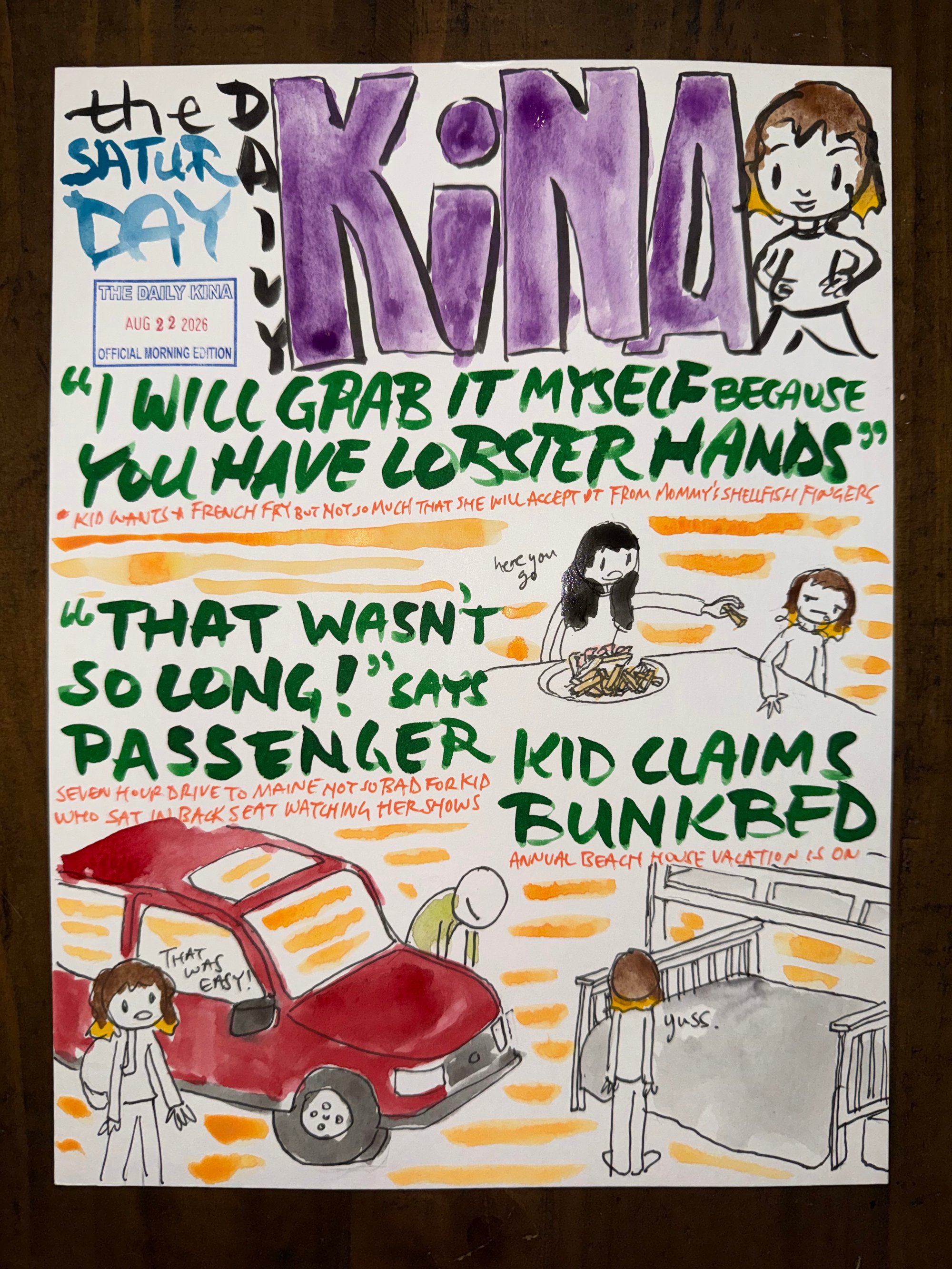 The Daily Kina for August 22, 2026. Top story: “I Will Grab It Myself Because You Have Lobster Hands”. Also in this issue: “That Wasn’t So Long!” Says Passenger; Kid Claims Bunkbed.