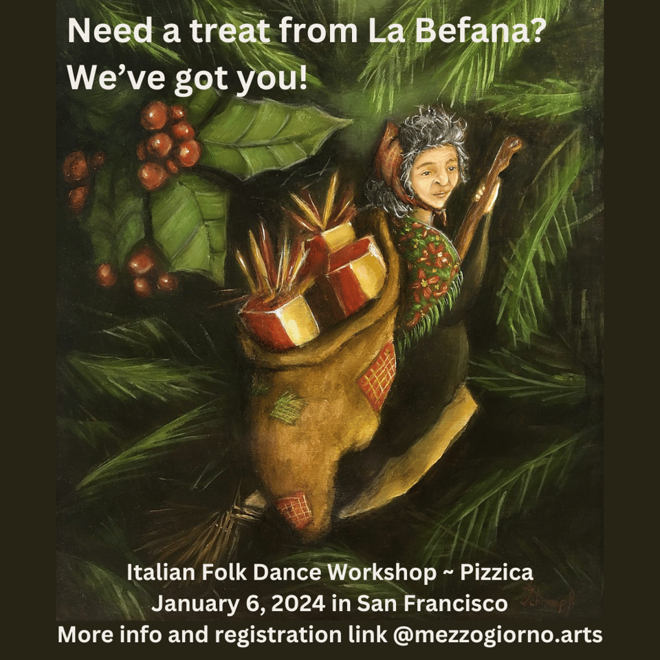Image alt text: A painting ot a La Befana ornament to advertise a January pizzica workshop