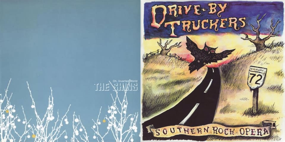 First pic: On a slate blue background, from the bottom are a series of branches in white silhouette. There are bulbs, mostly white but some gold, hanging from the branches. Second pic: A drawing of a two lane blacktop going through a field of yellow grass. A black owl flies across the road. To the left, a sign reading HIGHWAY 72. Leafless trees and a fence on the horizon.